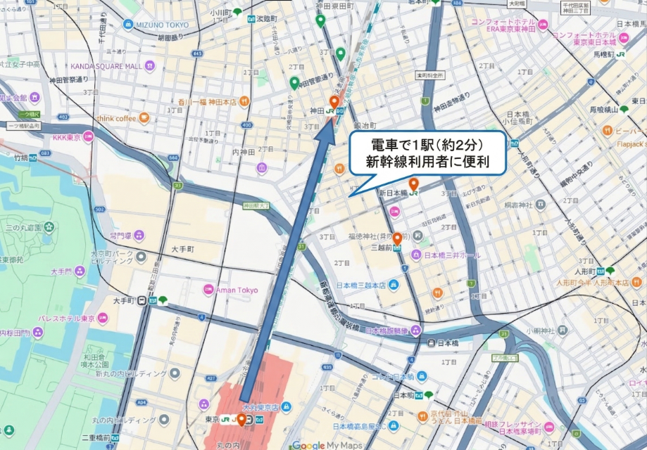 東京駅からエッサム神田ホールへのアクセルルートマップ